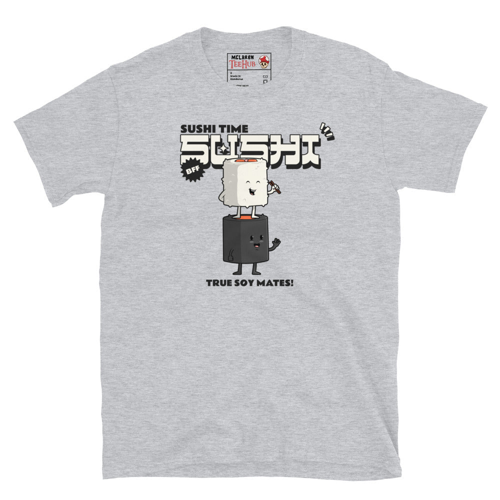 Sport grey T-shirt with cartoon sushi roll and soy sauce bottle, Japanese text, and the phrase “True Soy Mates!”