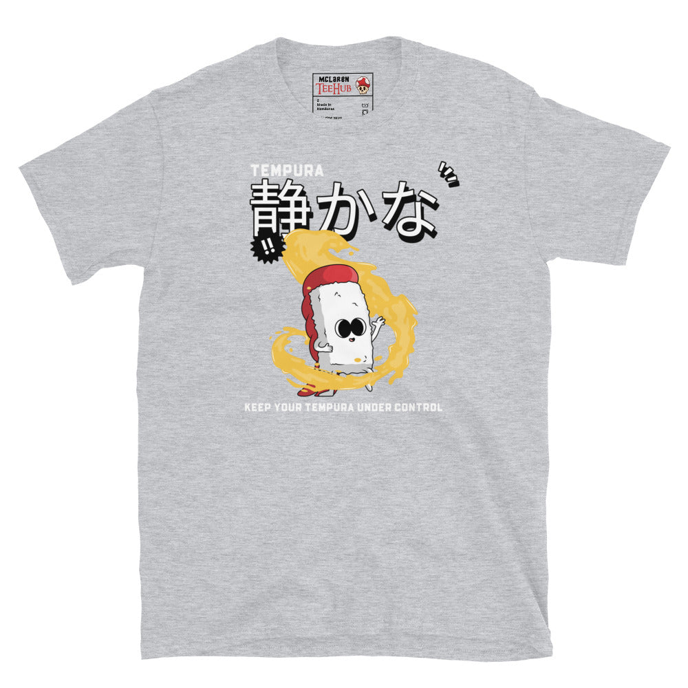 Sport grey T-shirt with cartoon tempura sushi meditating in batter swirl and Japanese text saying “Keep Your Tempura Under Control.”
