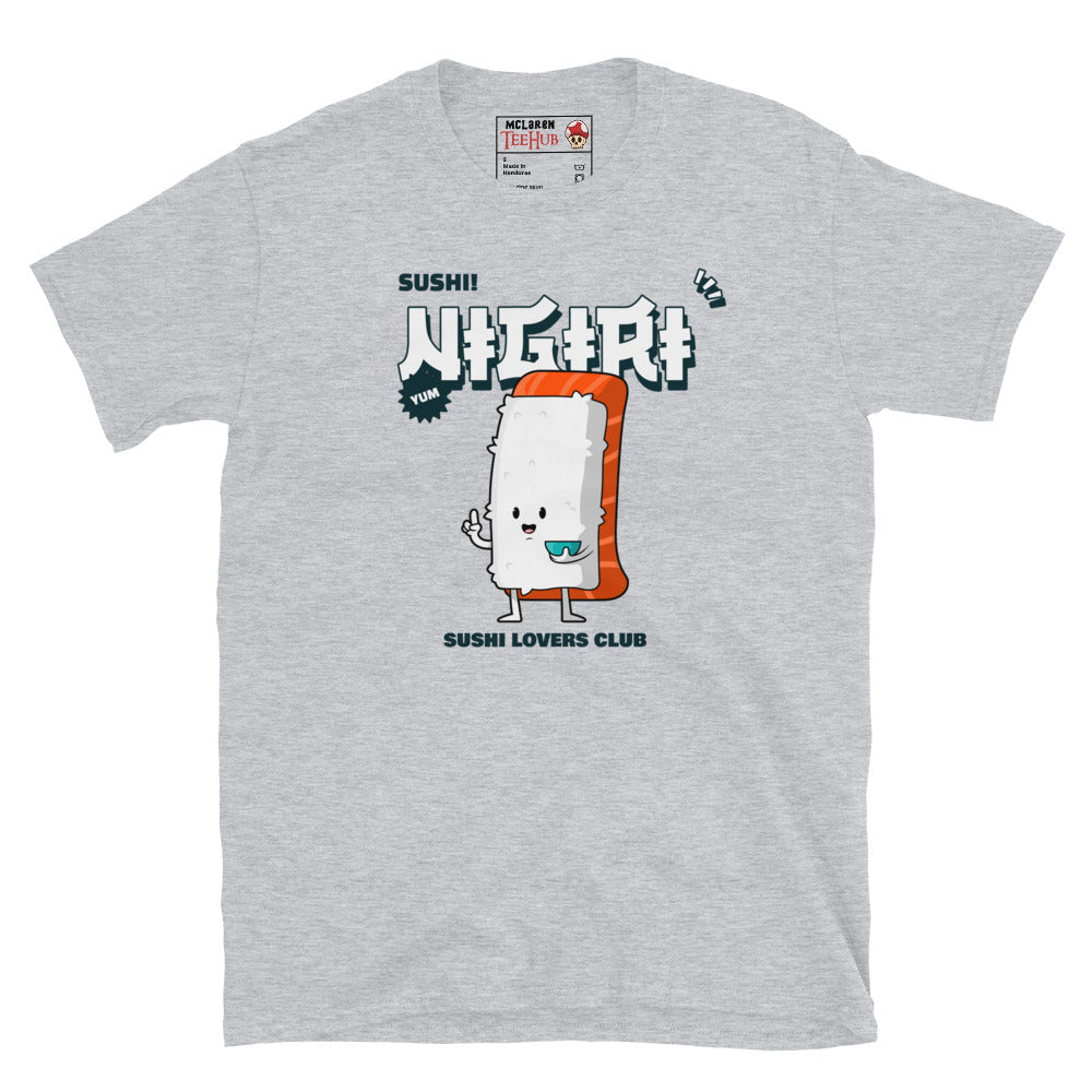 Sport Grey T-shirt featuring a cute cartoon salmon nigiri with “Sushi Lovers Club” text and bold Japanese graphics.