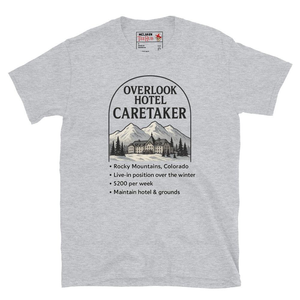Sport grey T-shirt featuring a faux job ad for the Overlook Hotel caretaker position with mountains and hotel graphic, inspired by The Shining.