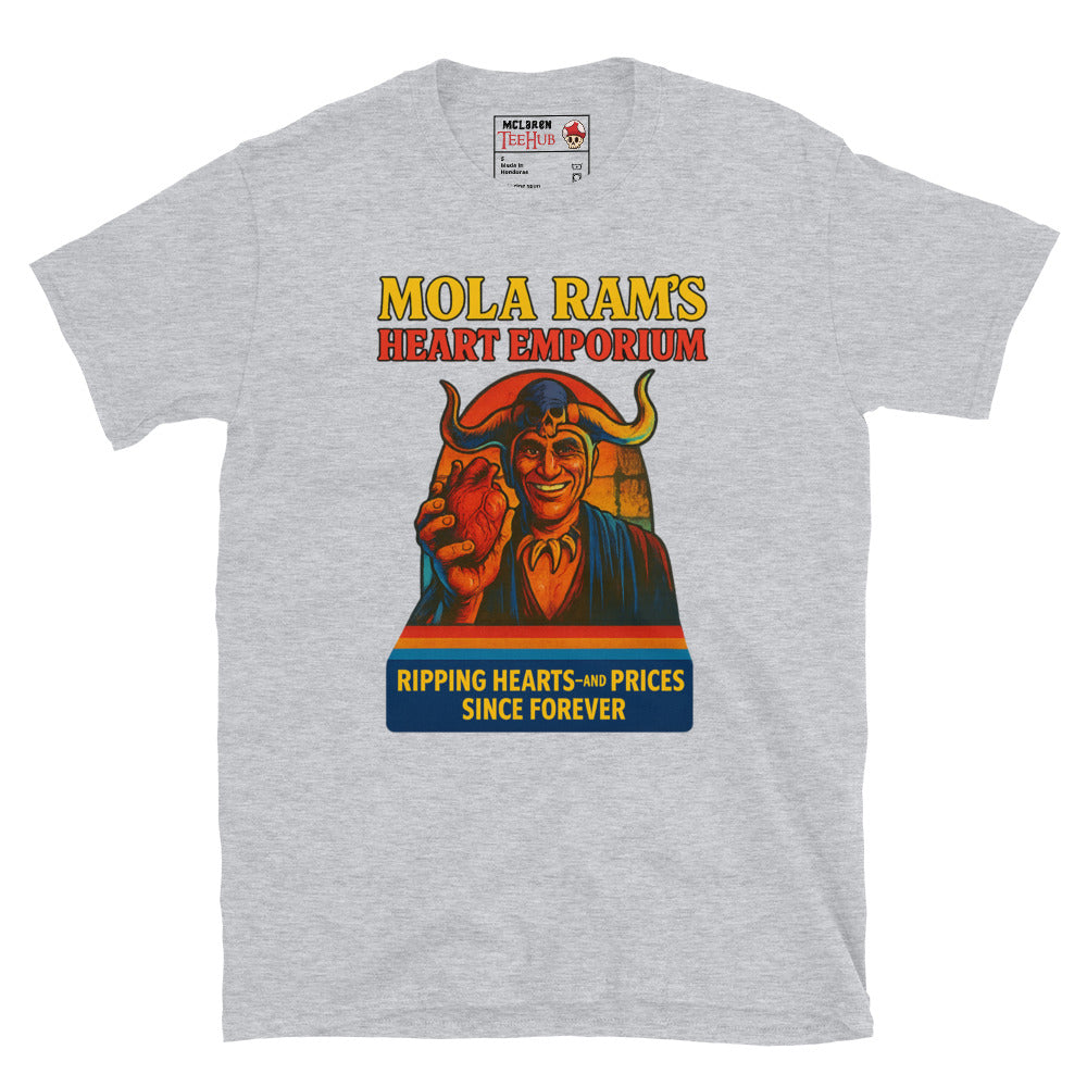 Sport Grey T-shirt featuring a parody ad of Mola Ram holding a heart with the text “Mola Ram’s Heart Emporium – Ripping hearts and prices since forever.”