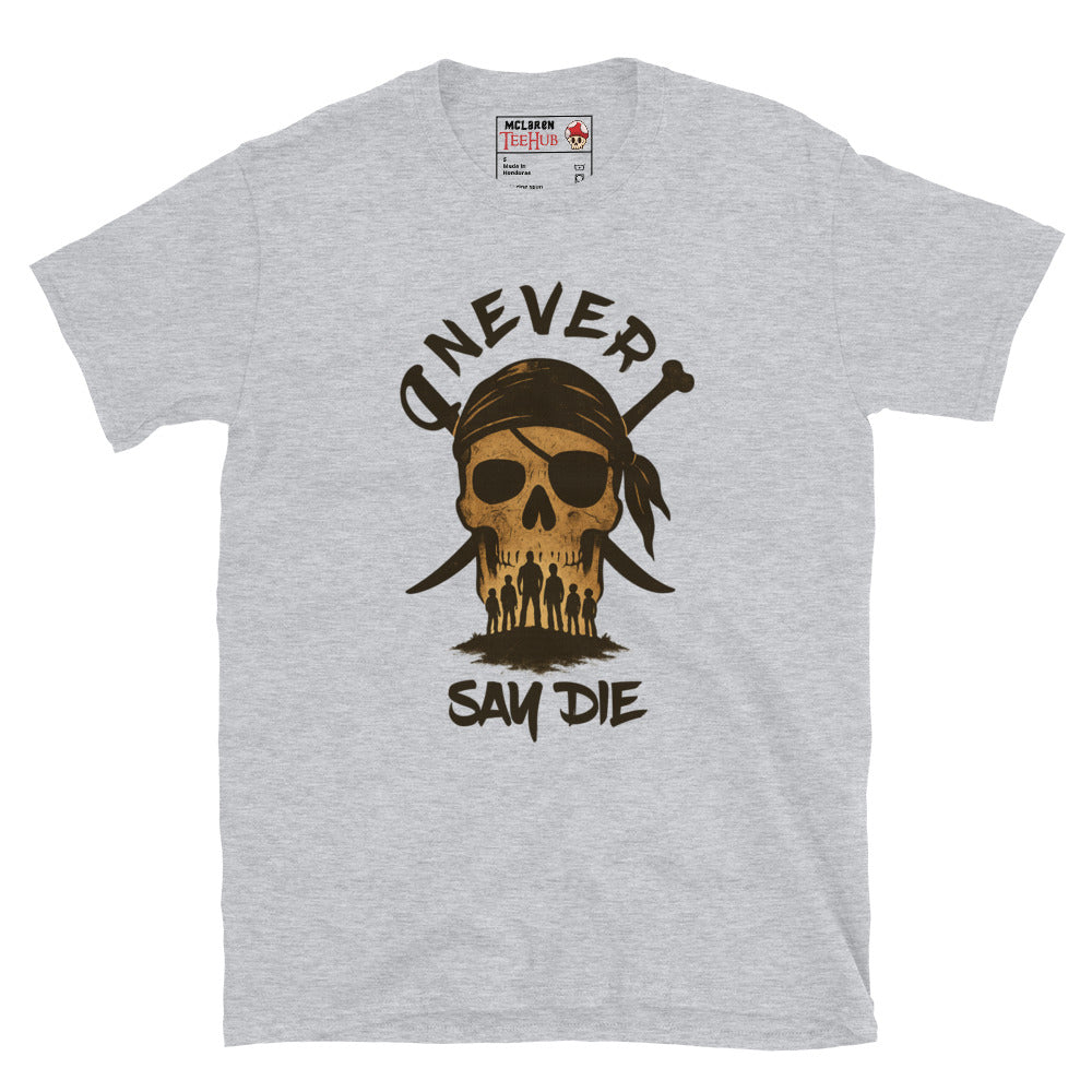 Sport Grey T-shirt with pirate skull graphic and silhouettes of the Goonies crew beneath the words “Never Say Die.”