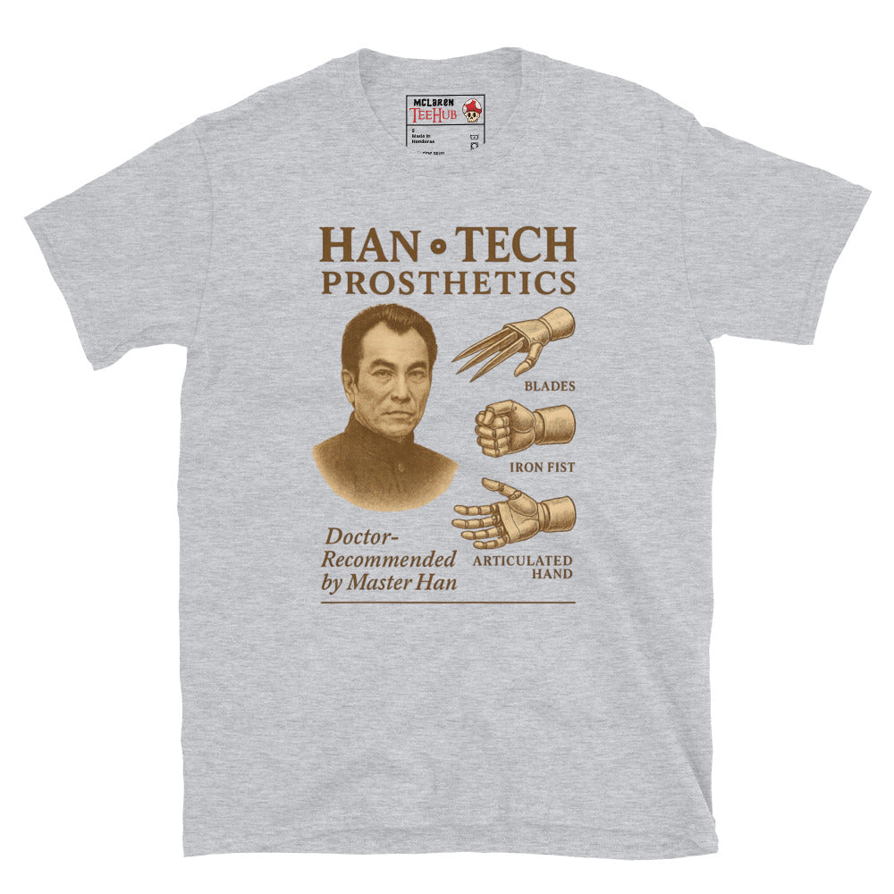 Sport grey T-shirt featuring a vintage ad parody for Han-Tech Prosthetics with images of blade, iron fist, articulated hand, and Master Han from Enter the Dragon