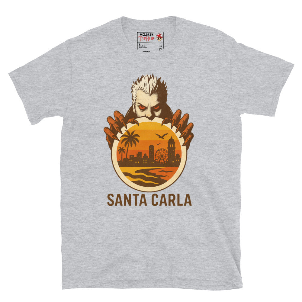 Sport Grey T-shirt featuring a vampire holding a sunset cityscape of Santa Carla, inspired by The Lost Boys movie.