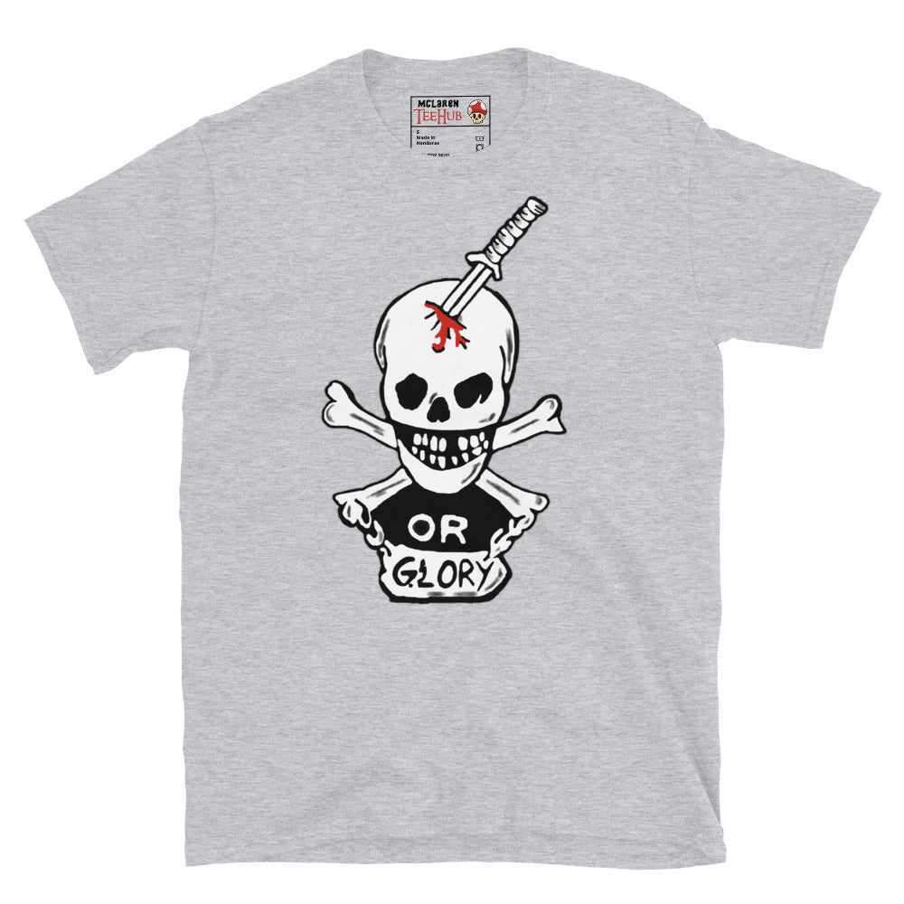 Sport Grey T-shirt featuring the "Or Glory" skull and katana design inspired by Private Hudson's body armor from the movie Aliens.