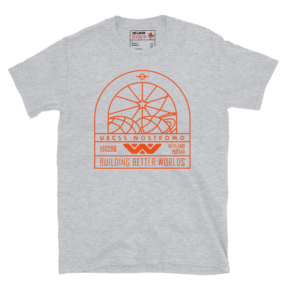 Sport Grey T-shirt featuring a minimalist orange line art graphic of the USCSS Nostromo badge with Weyland-Yutani branding and “Building Better Worlds” slogan.