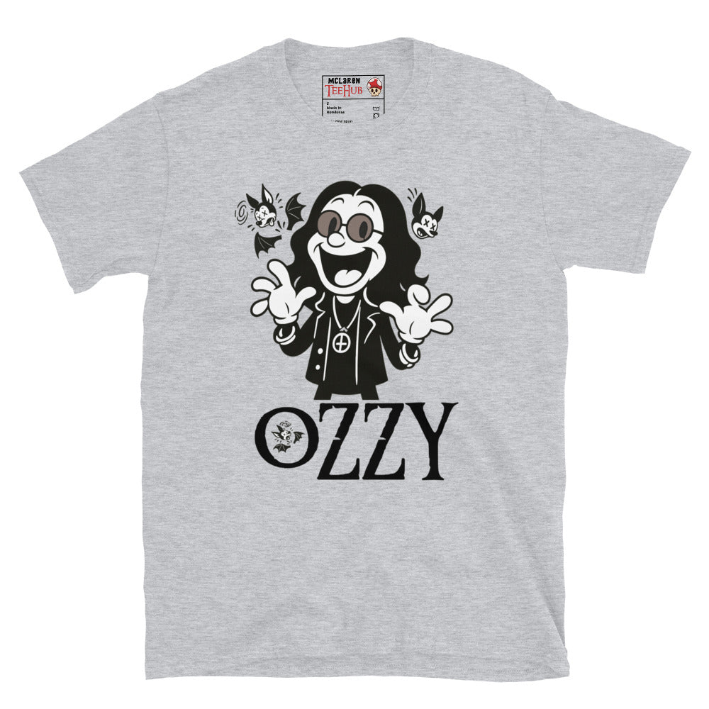 Cartoon Ozzy Osbourne bat T-shirt in retro style – Sport Grey colour music graphic tee exclusive to McClaren Tee Hub