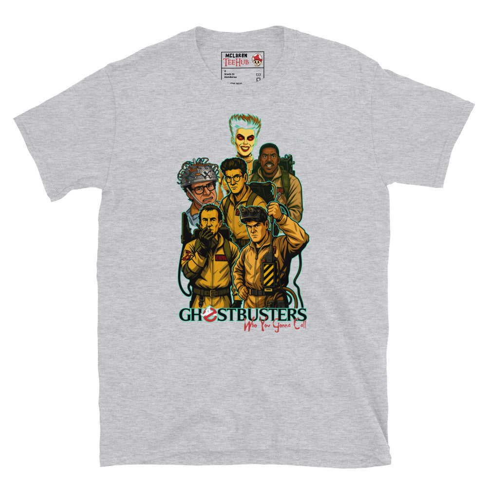 Ghostbusters "Who You Gonna Call?" Sport Grey T-shirt with classic 80s movie characters design.