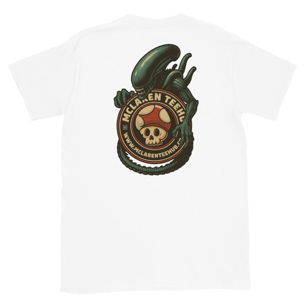 Large graphic on back of White T-shirt featuring an alien creature wrapped around the McLaren Tee Hub skull mushroom emblem.