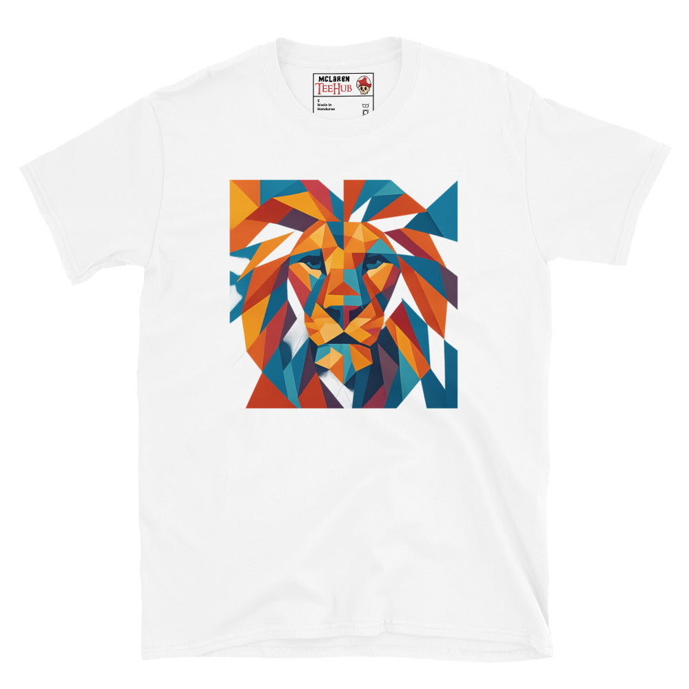White t-shirt with a colorful geometric lion design on a white background