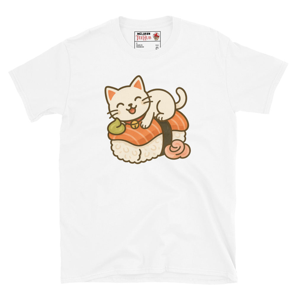 White t-shirt featuring a kawaii cartoon cat lounging on a piece of salmon nigiri sushi with wasabi and ginger.