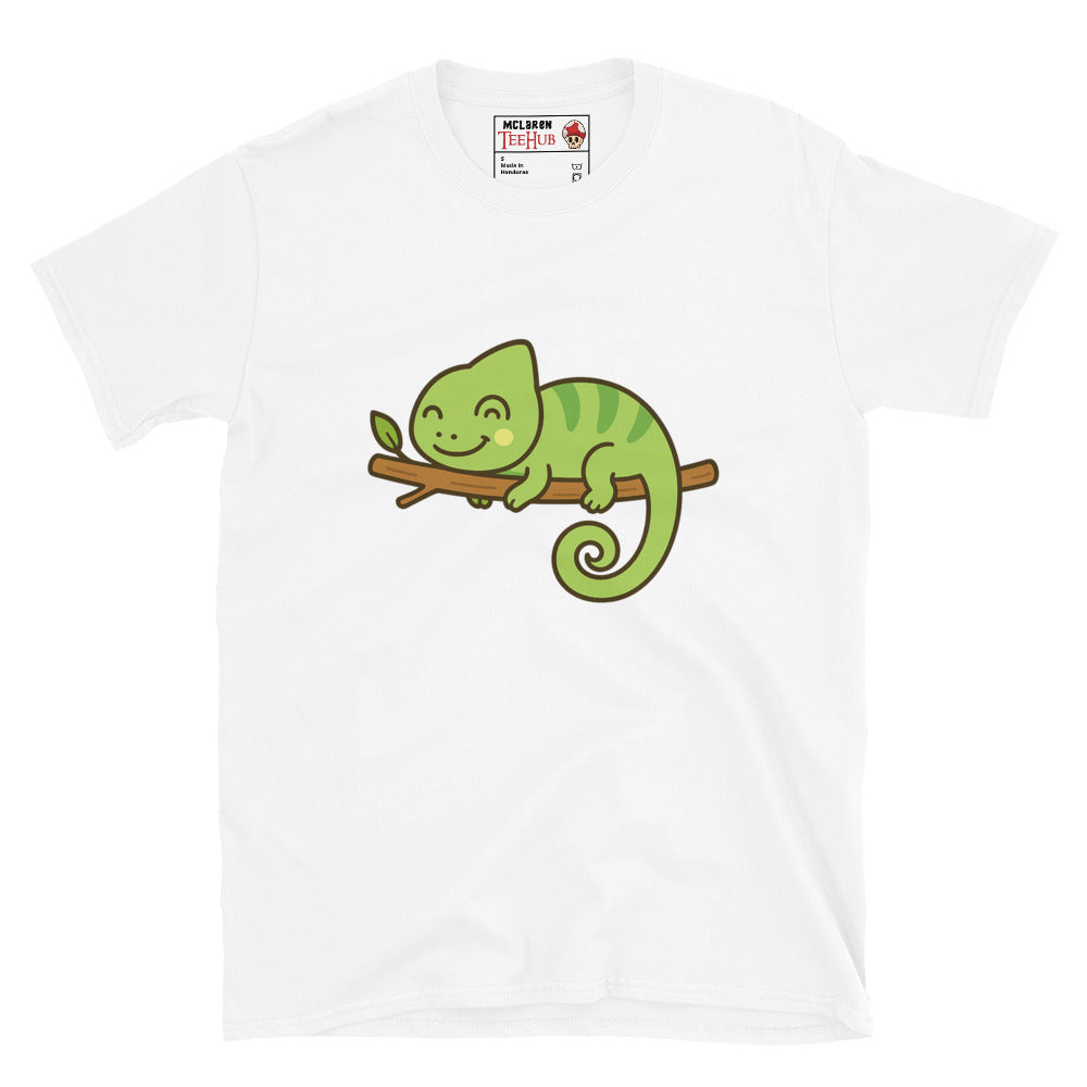 White t-shirt with a green chameleon graphic on a white background