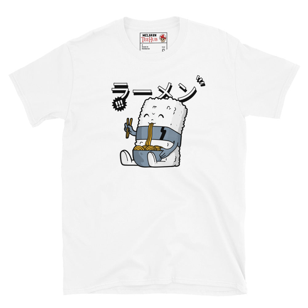 Cute ramen cartoon T-shirt with Japanese text and a rice character holding noodles – "Ramen Fixes Everything" design. White