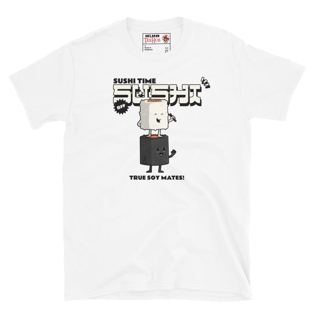 White T-shirt with cartoon sushi roll and soy sauce bottle, Japanese text, and the phrase “True Soy Mates!”