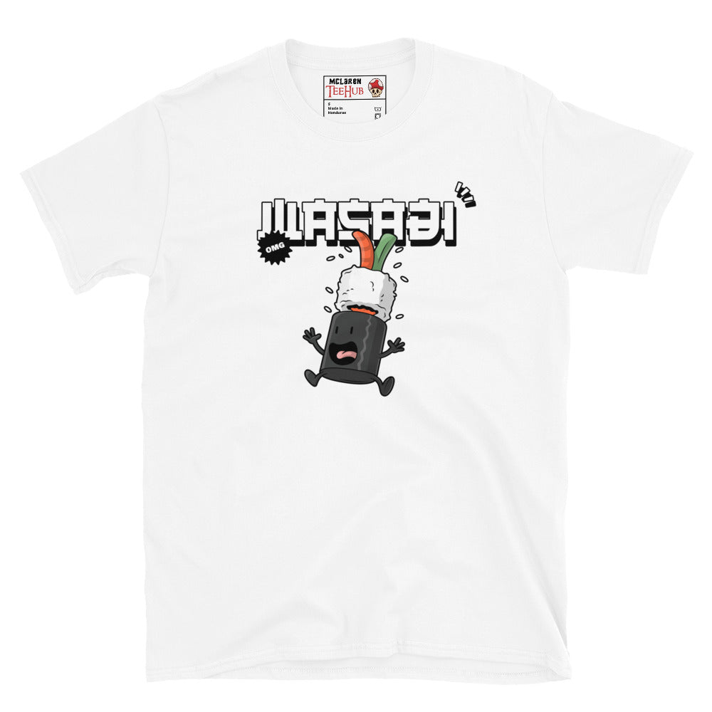 White T-shirt with cartoon sushi character panicking under a falling wasabi dollop and the phrase “Wasabi Is Coming!”