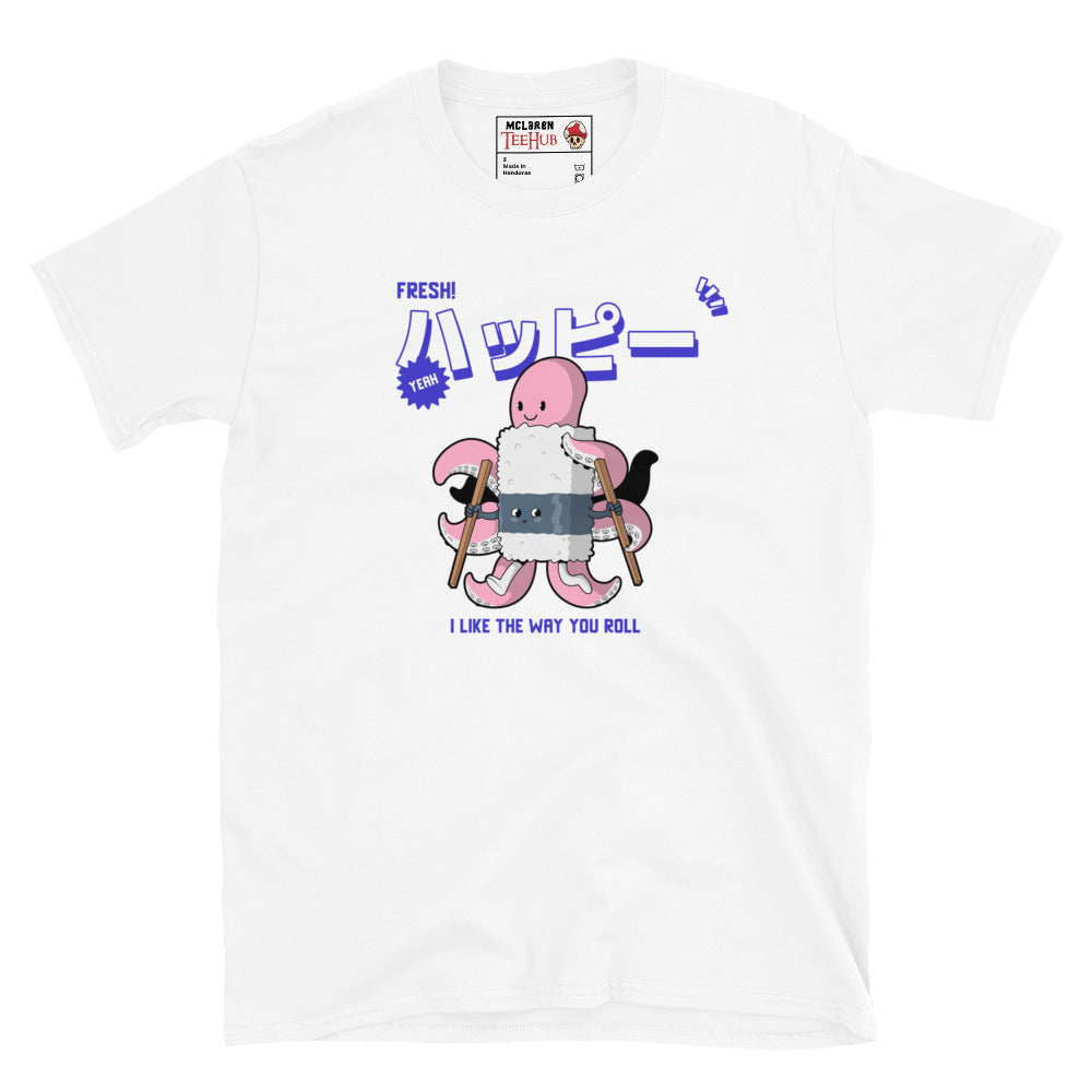 White T-shirt with cartoon octopus rolling sushi using chopsticks and the phrase “I Like the Way You Roll” in purple text.
