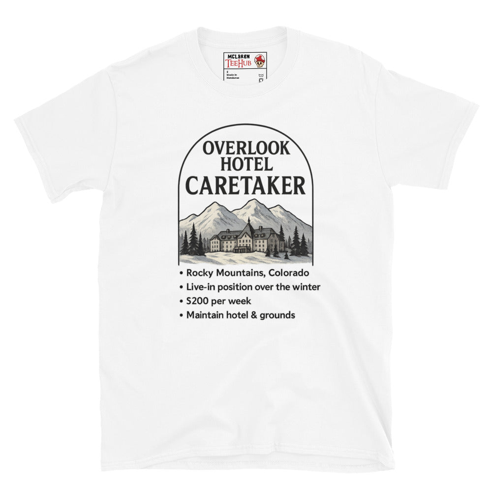 White T-shirt featuring a faux job ad for the Overlook Hotel caretaker position with mountains and hotel graphic, inspired by The Shining.