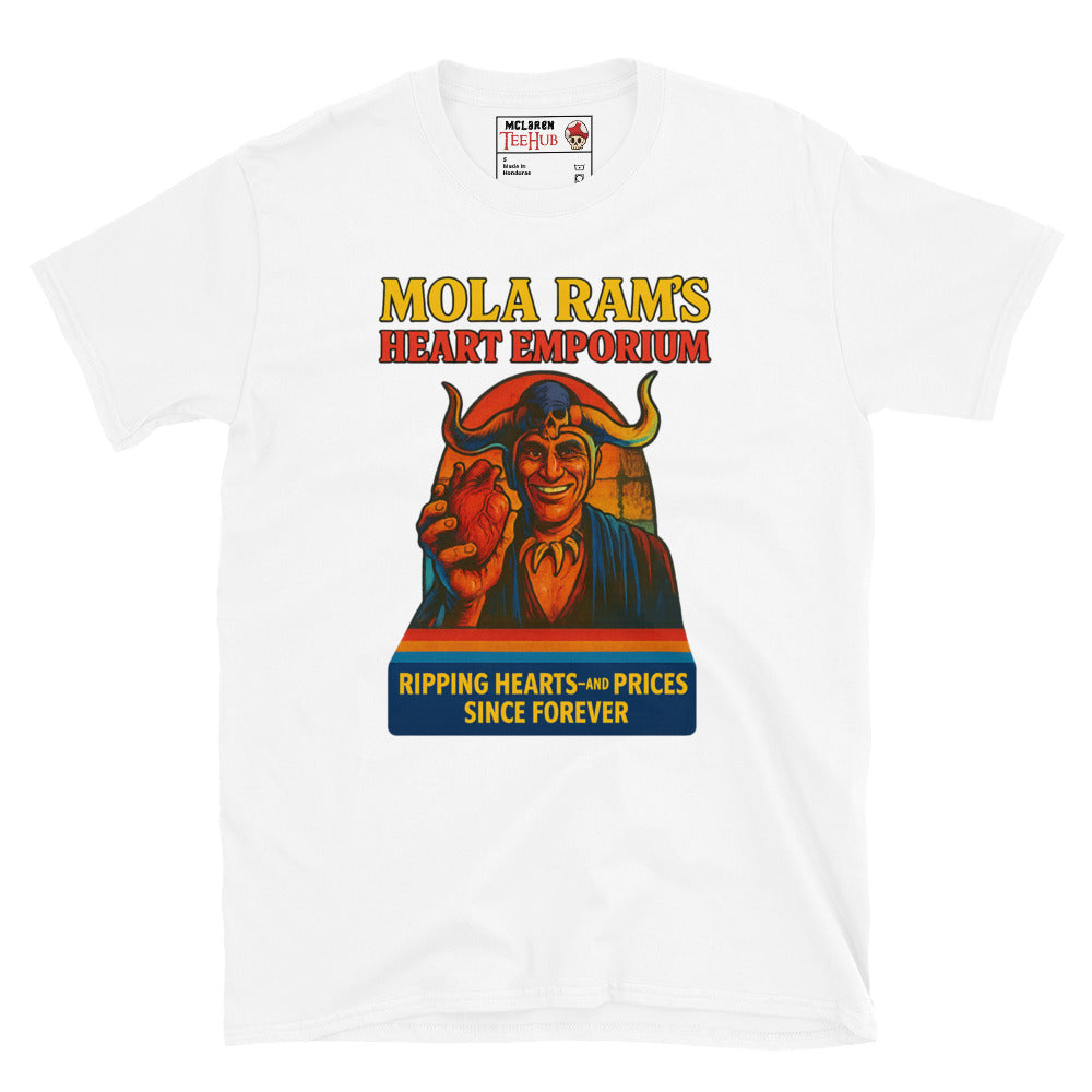 White T-shirt featuring a parody ad of Mola Ram holding a heart with the text “Mola Ram’s Heart Emporium – Ripping hearts and prices since forever.”
