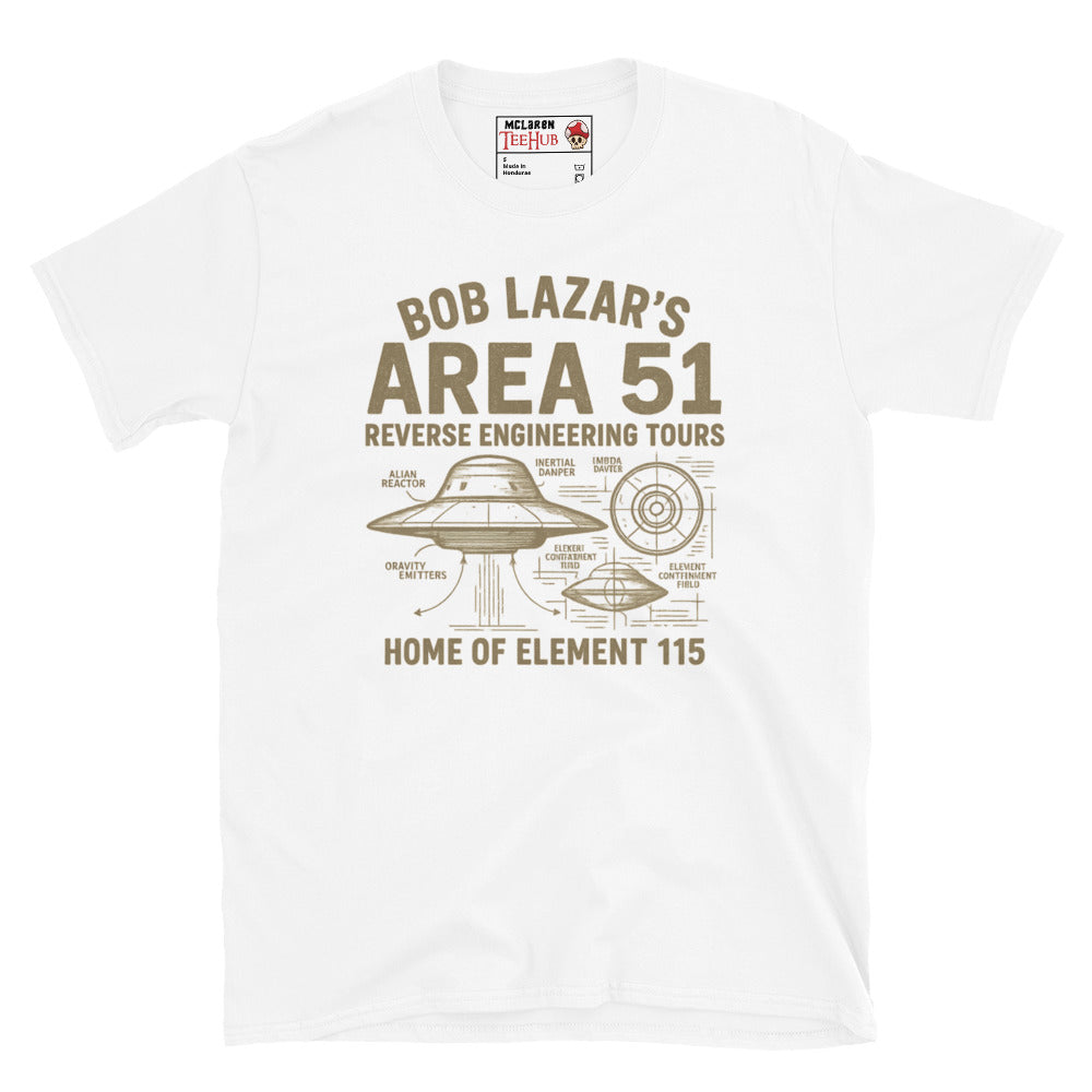 White T-shirt featuring a vintage UFO schematic with labeled parts and text: “Bob Lazar’s Area 51 Reverse Engineering Tours – Home of Element 115.”