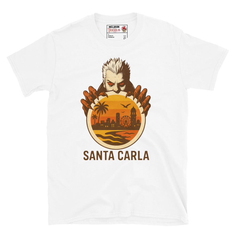 White T-shirt featuring a vampire holding a sunset cityscape of Santa Carla, inspired by The Lost Boys movie.