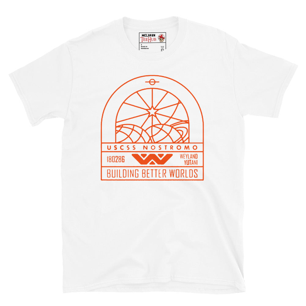 White T-shirt featuring a minimalist orange line art graphic of the USCSS Nostromo badge with Weyland-Yutani branding and “Building Better Worlds” slogan.