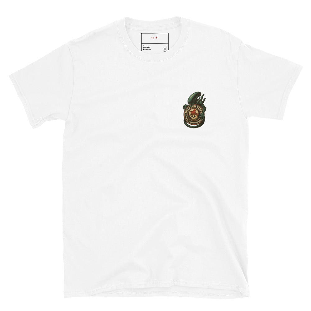 White T-shirt with front pocket-sized graphic of a xenomorph coiled around McLaren Tee Hub logo.