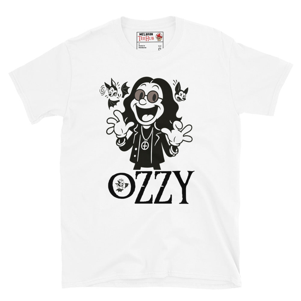 Cartoon Ozzy Osbourne bat T-shirt in retro style – white colour music graphic tee exclusive to McClaren Tee Hub