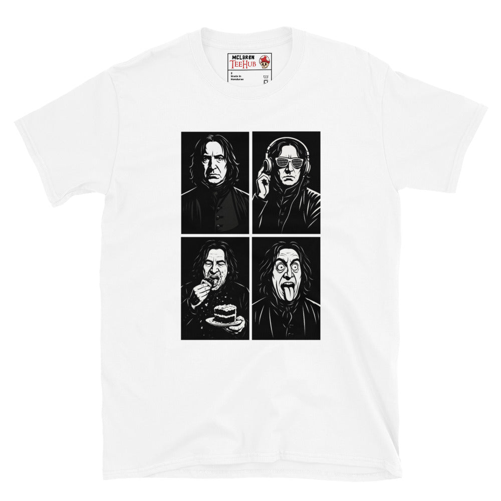 Severus Snape Funny Expressions White T-Shirt – DJ, Cake, and Crazy Faces Design"