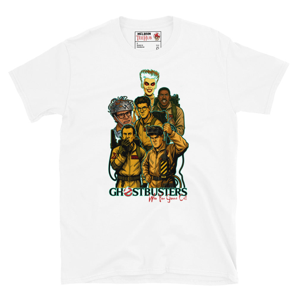 Ghostbusters "Who You Gonna Call?" White T-shirt with classic 80s movie characters design.
