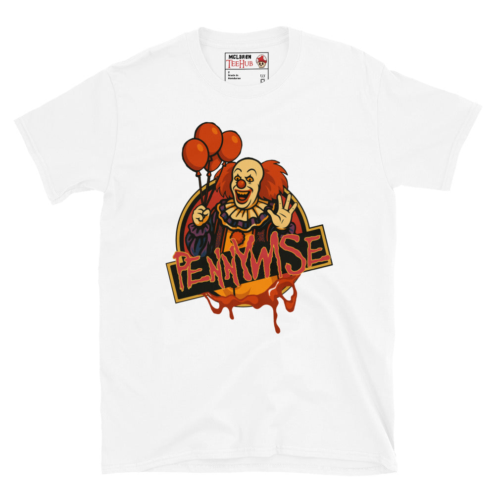 White Pennywise horror clown T-shirt with creepy red balloons and dripping retro text design – McLaren T-Hub