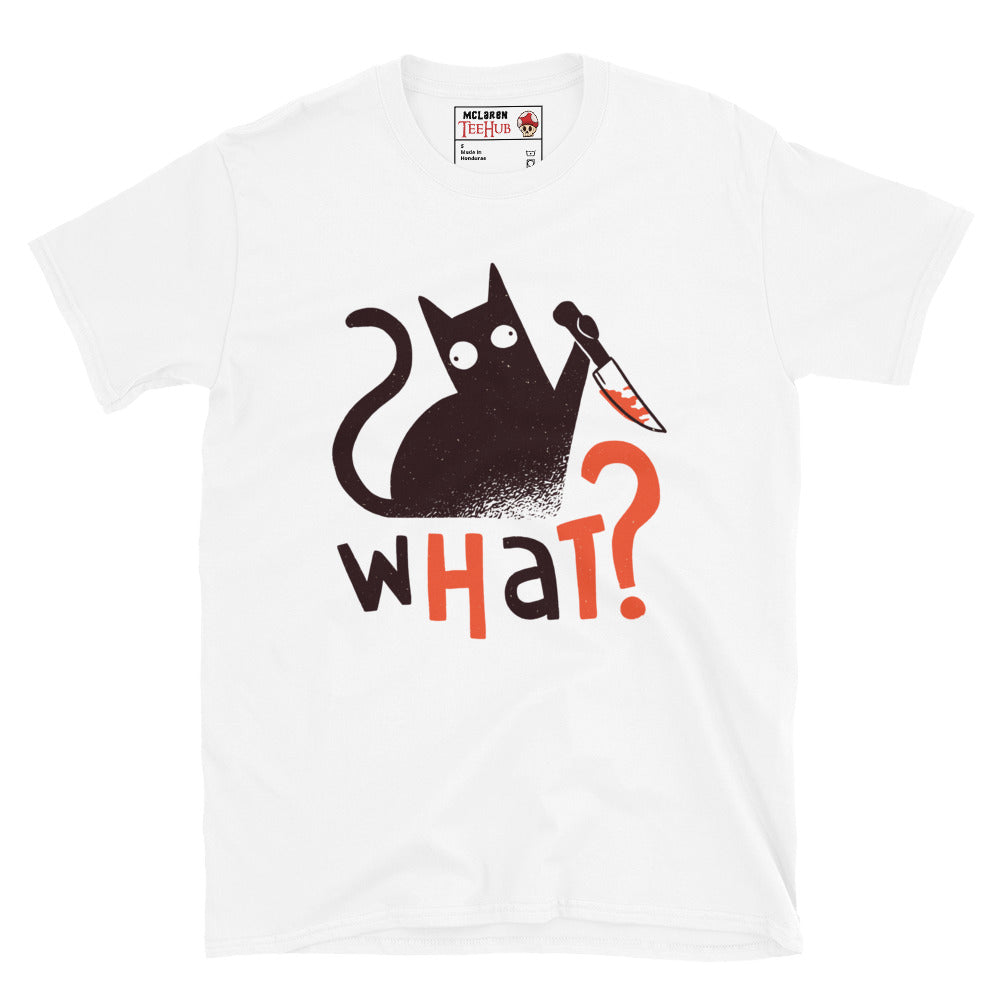 Killer cat graphic tee for horror fans and cat lovers, white t-shirt
