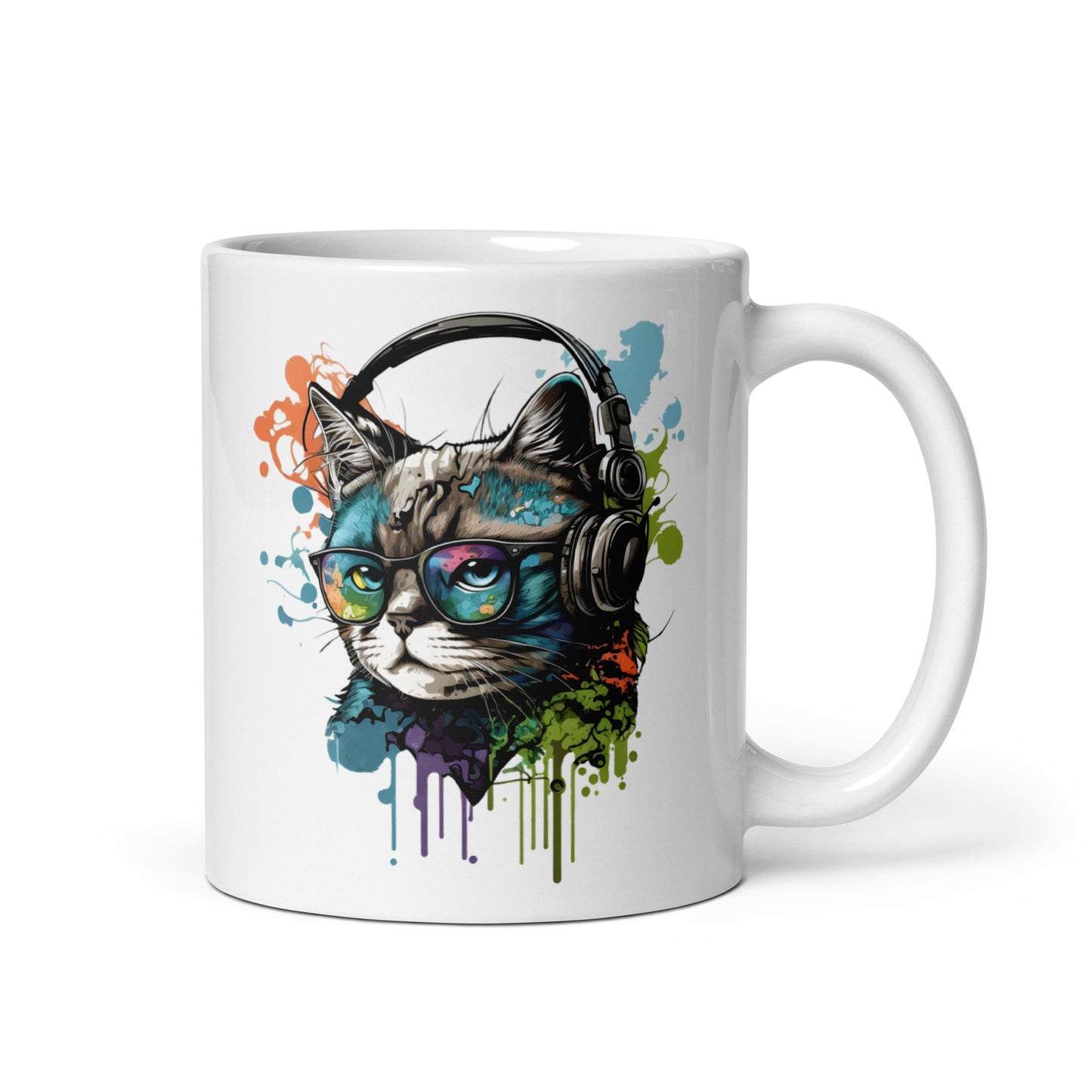 A white ceramic mug with a vibrant print of a cat wearing headphones and surrounded by colorful splashes.