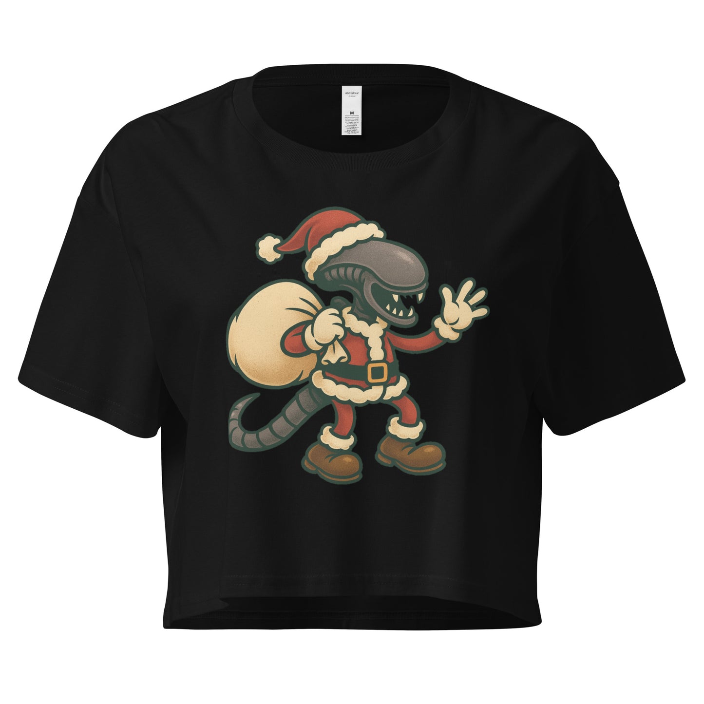 Cartoon Xenomorph in Santa suit holding gift sack – funny Alien Christmas crop top. Black Colour