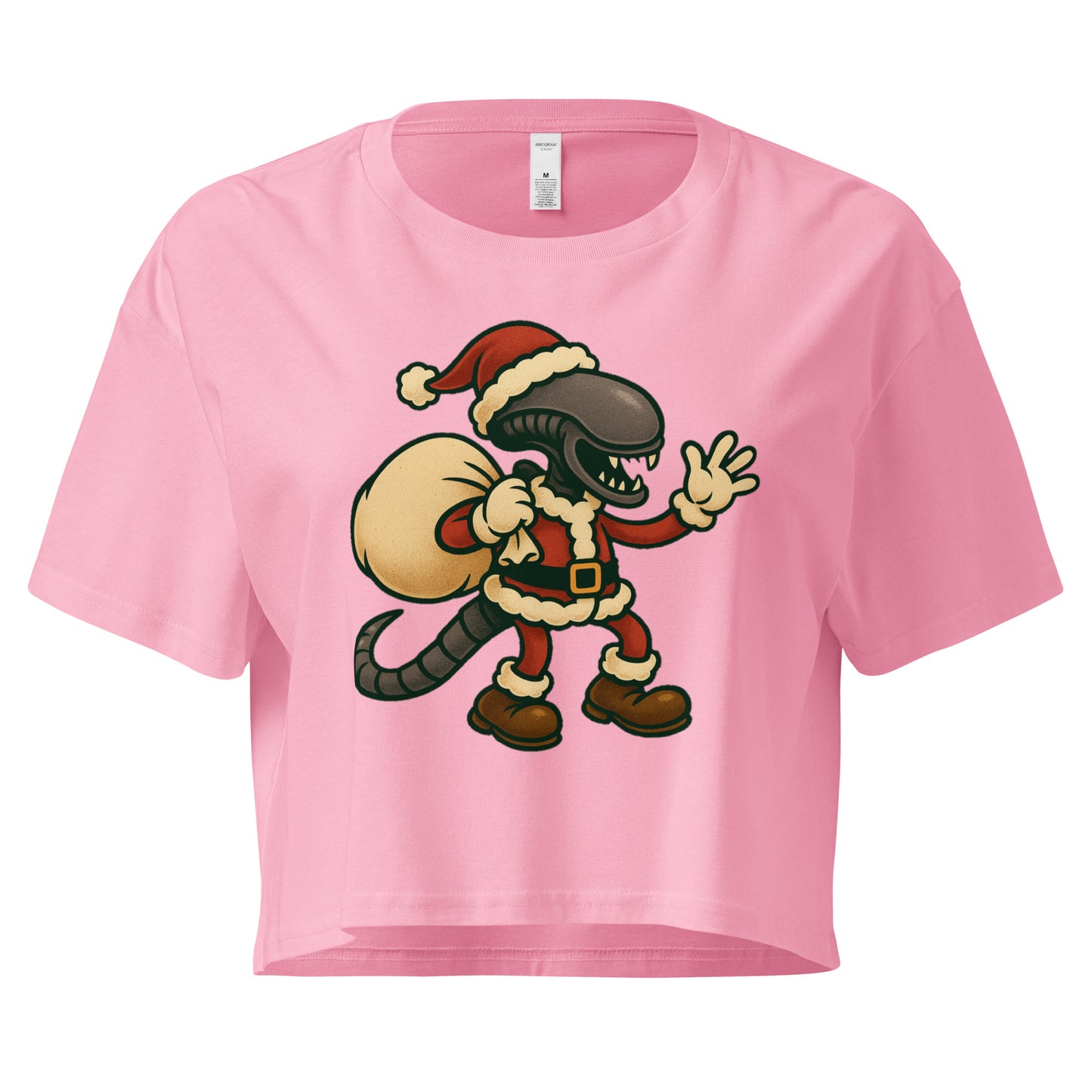 Cartoon Xenomorph in Santa suit holding gift sack – funny Alien Christmas crop top. Bubblegum Colour