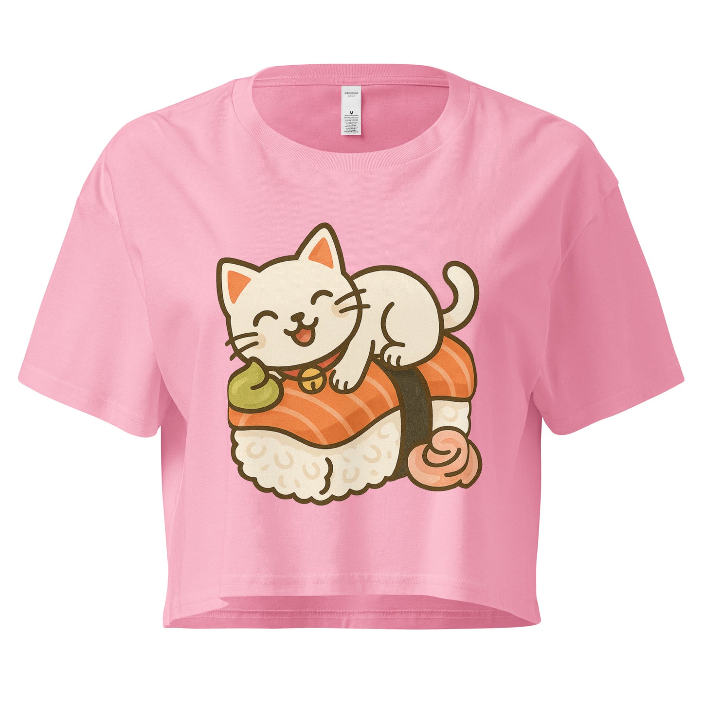 Bubblegum colour crop top with kawaii cat lying on sushi roll design