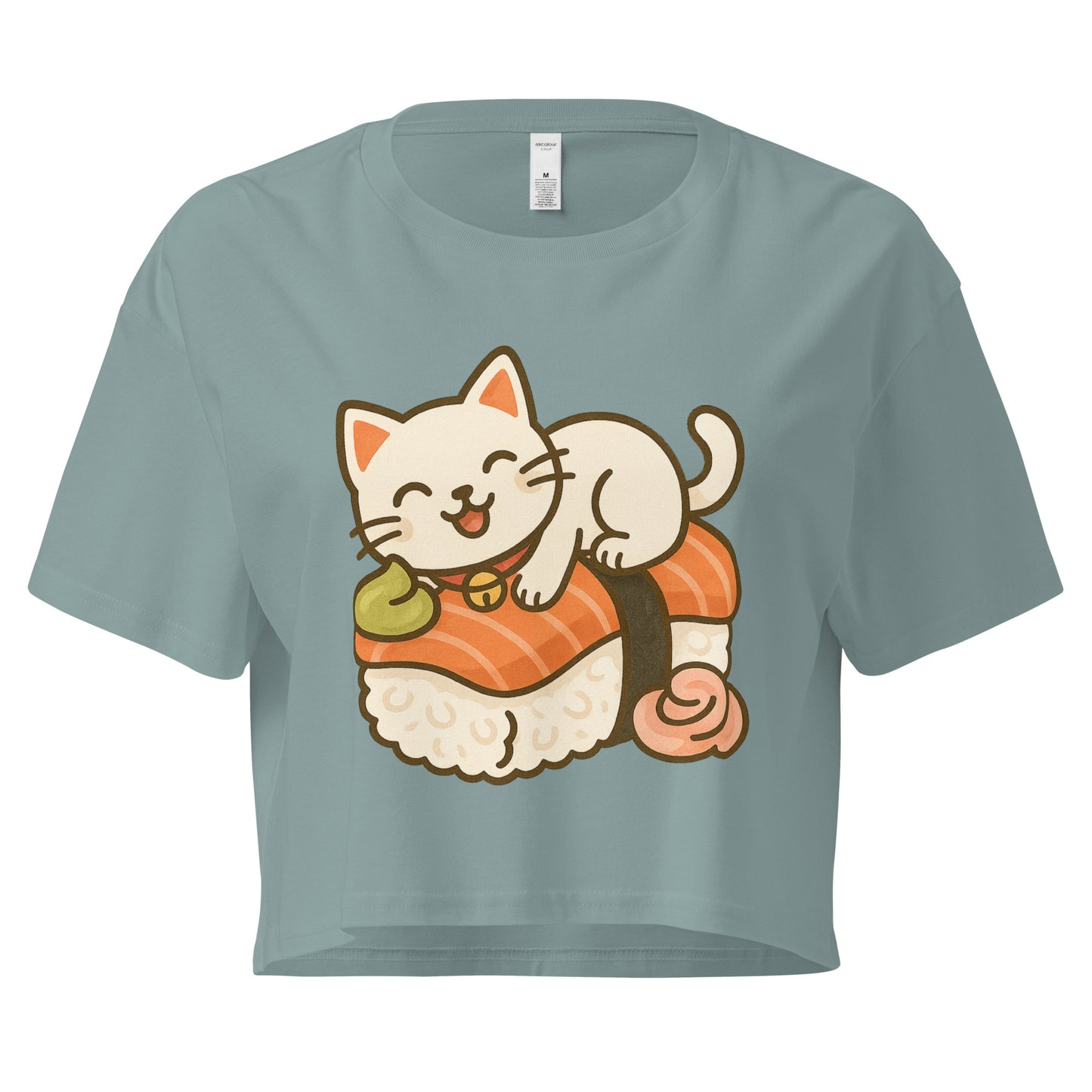 Mineral colour crop top with kawaii cat lying on sushi roll design