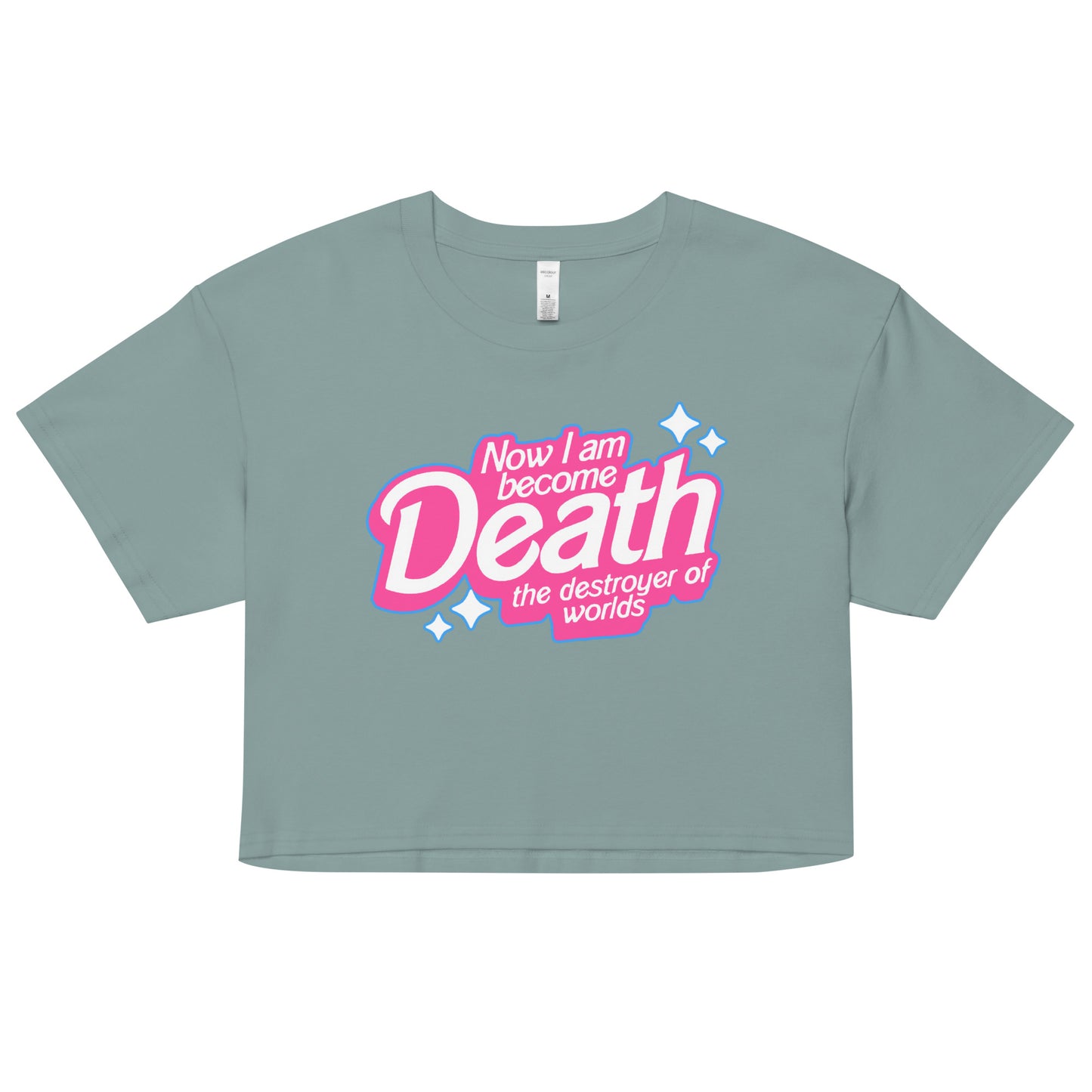 Barbie-inspired “Now I Am Become Death, Destroyer of Worlds” kawaii crop top – Mineral with pink bubble letters and sparkles – McLaren T-Hub