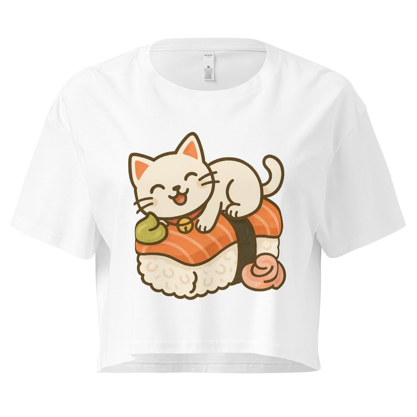 White crop top with kawaii cat lying on sushi roll design