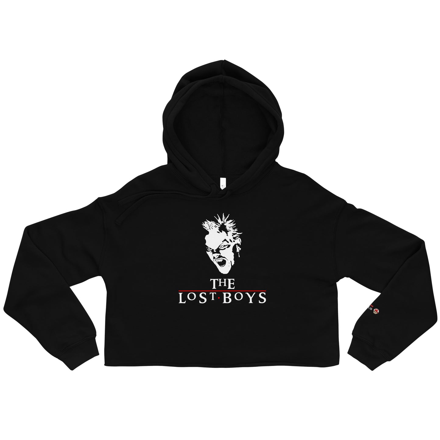 Black crop hoodie featuring The Lost Boys logo and David vampire face graphic from the 1987 cult-classic film.