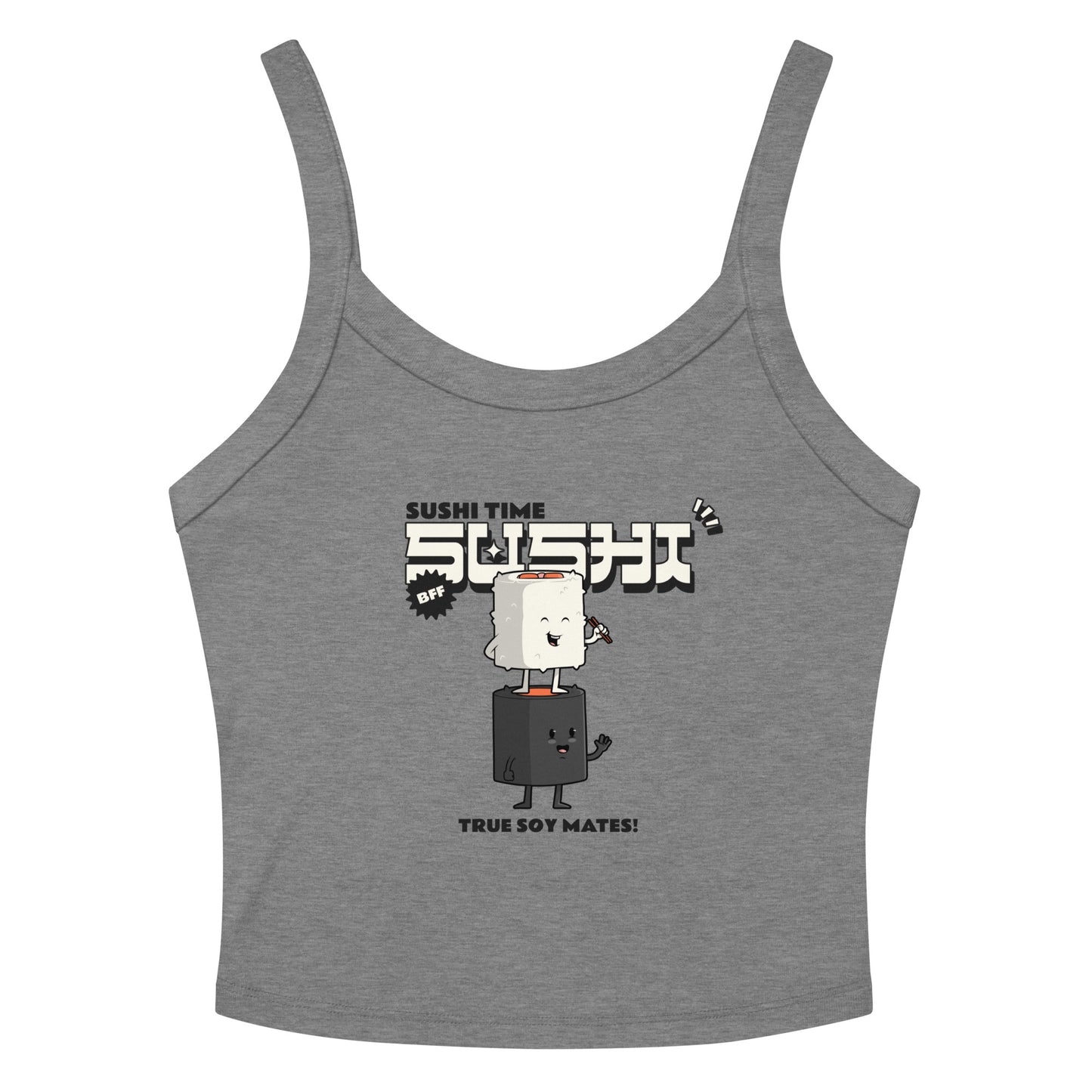Heather tank top with kawaii sushi design and text "Sushi Time" and "True Soy Mates