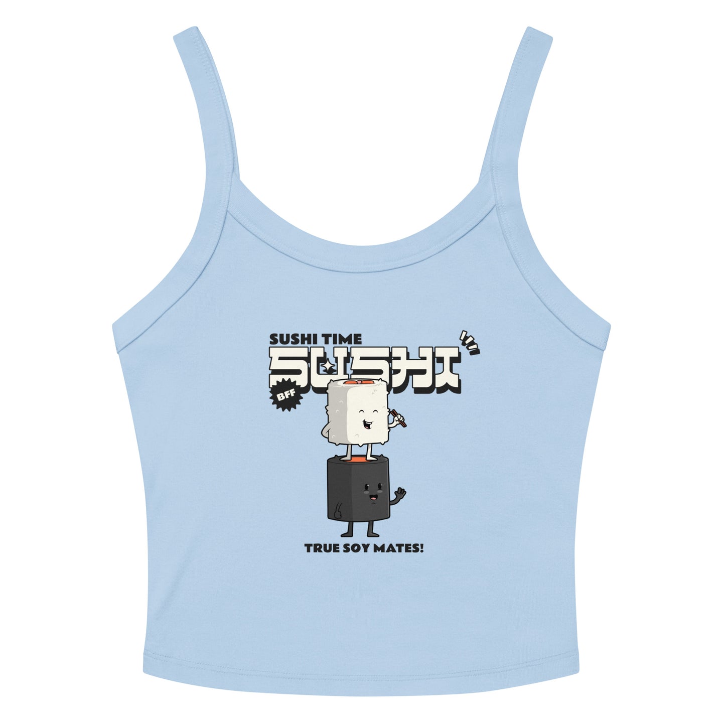 Baby Blue tank top with kawaii sushi design and text "Sushi Time" and "True Soy Mates