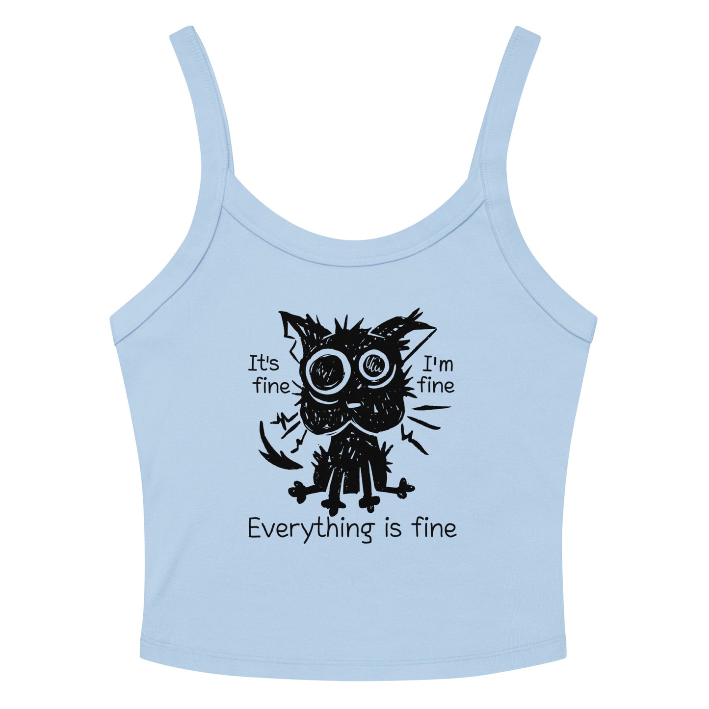 Funny anxiety cat crop top with “Everything is fine” text – distressed cartoon cat design. Baby Blue