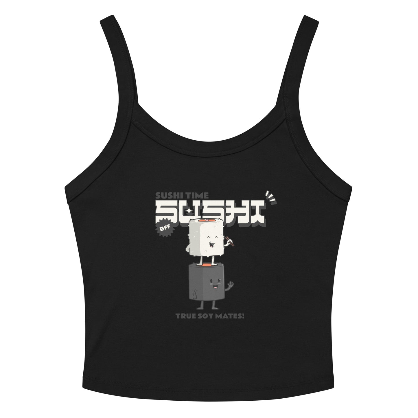 Black tank top with kawaii sushi design and text "Sushi Time" and "True Soy Mates
