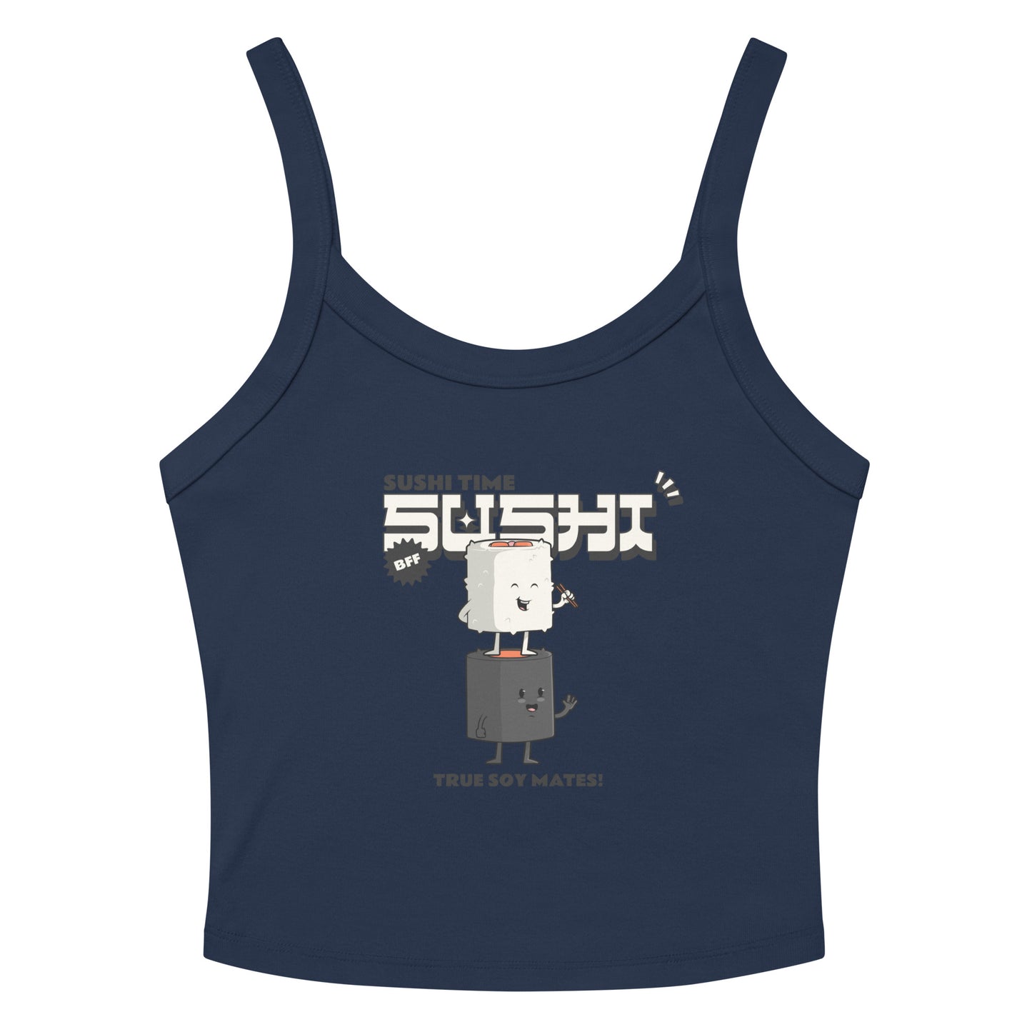 Navy tank top with kawaii sushi design and text "Sushi Time" and "True Soy Mates