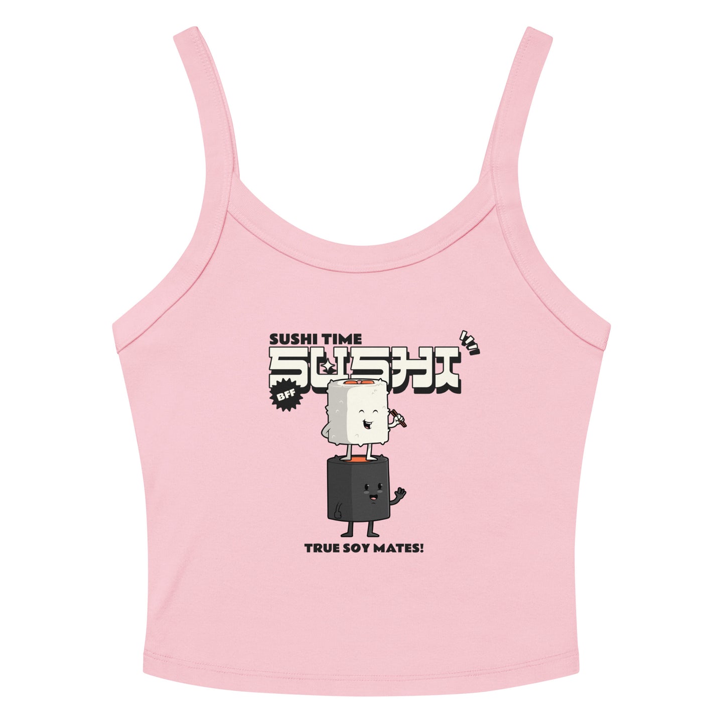 Pink tank top with kawaii sushi design and text "Sushi Time" and "True Soy Mates