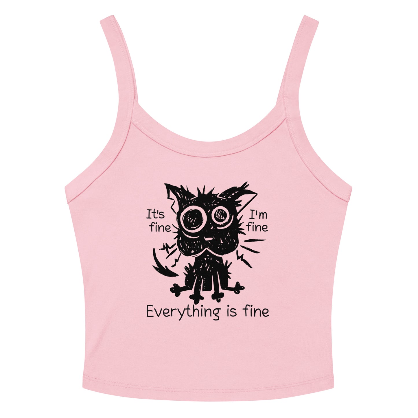Funny anxiety cat crop top with “Everything is fine” text – distressed cartoon cat design. Pink