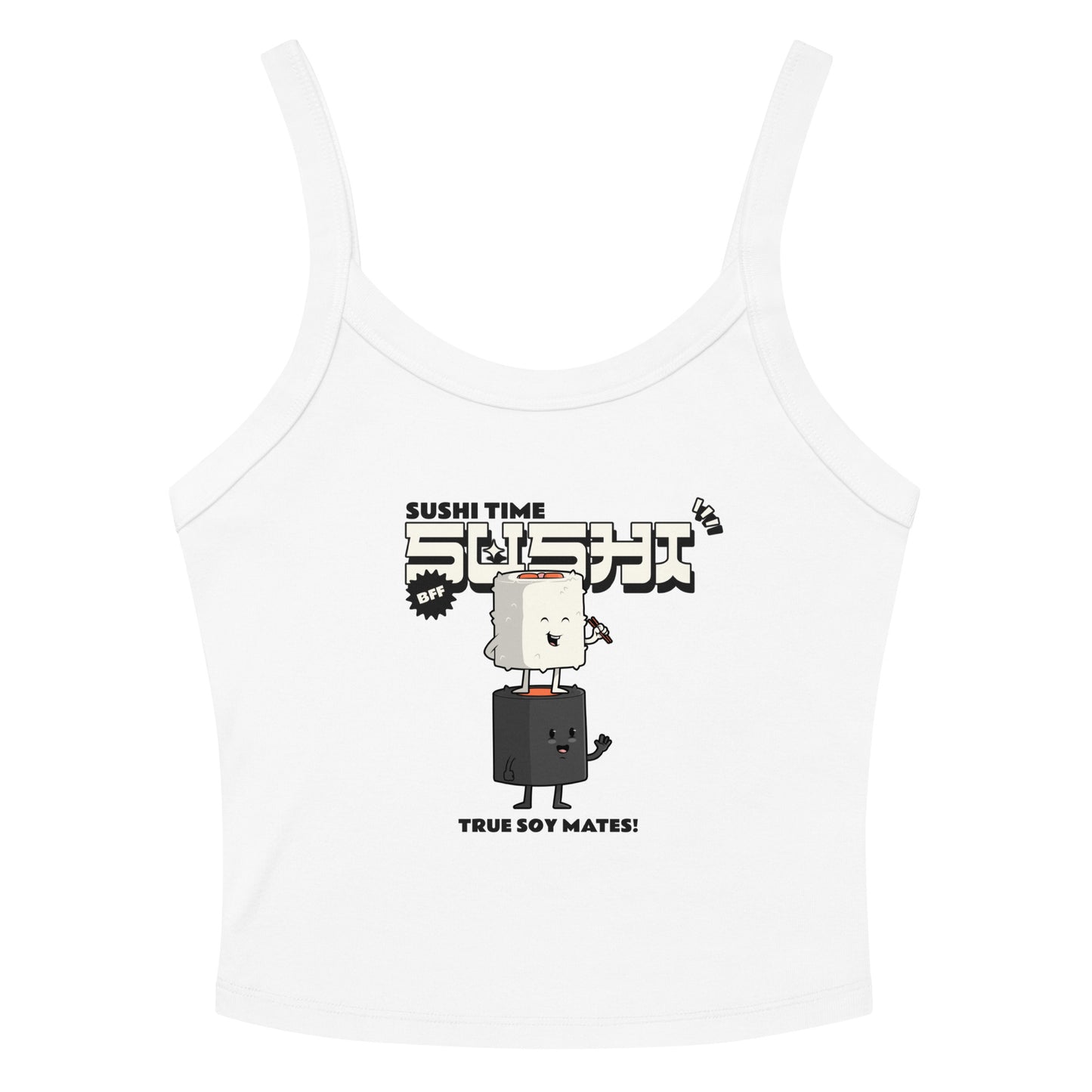 White tank top with kawaii sushi design and text "Sushi Time" and "True Soy Mates