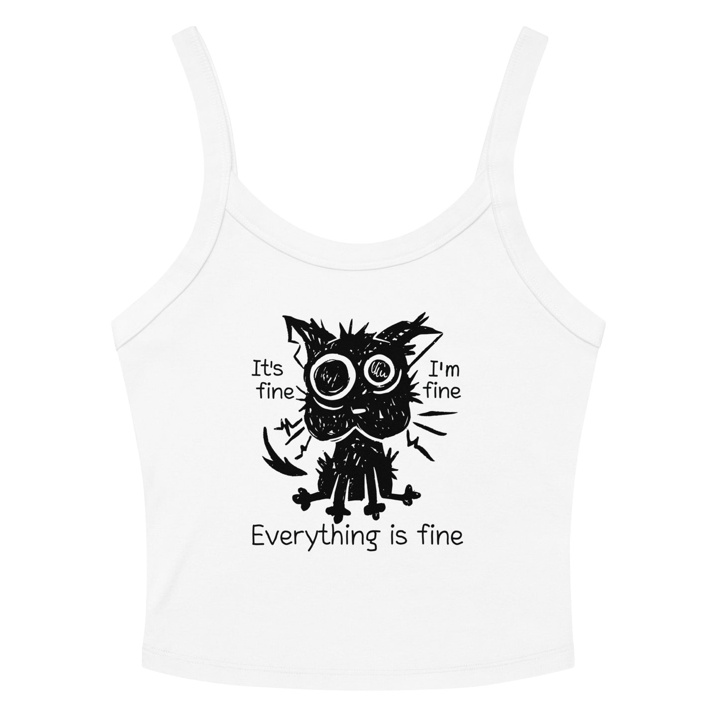 Funny anxiety cat crop top with “Everything is fine” text – distressed cartoon cat design. White