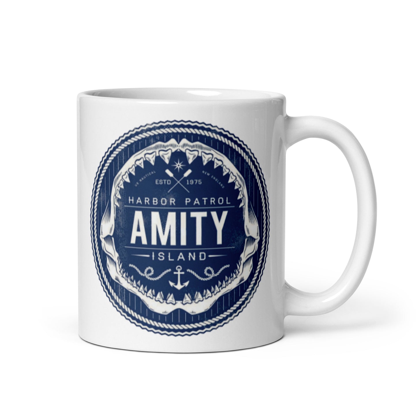 White mug featuring a fictional Amity Island Harbour Patrol logo inspired by the 1975 movie Jaws, perfect for fans of the classic film.