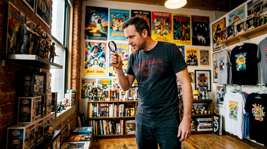 Collector examining pop culture figure packaging